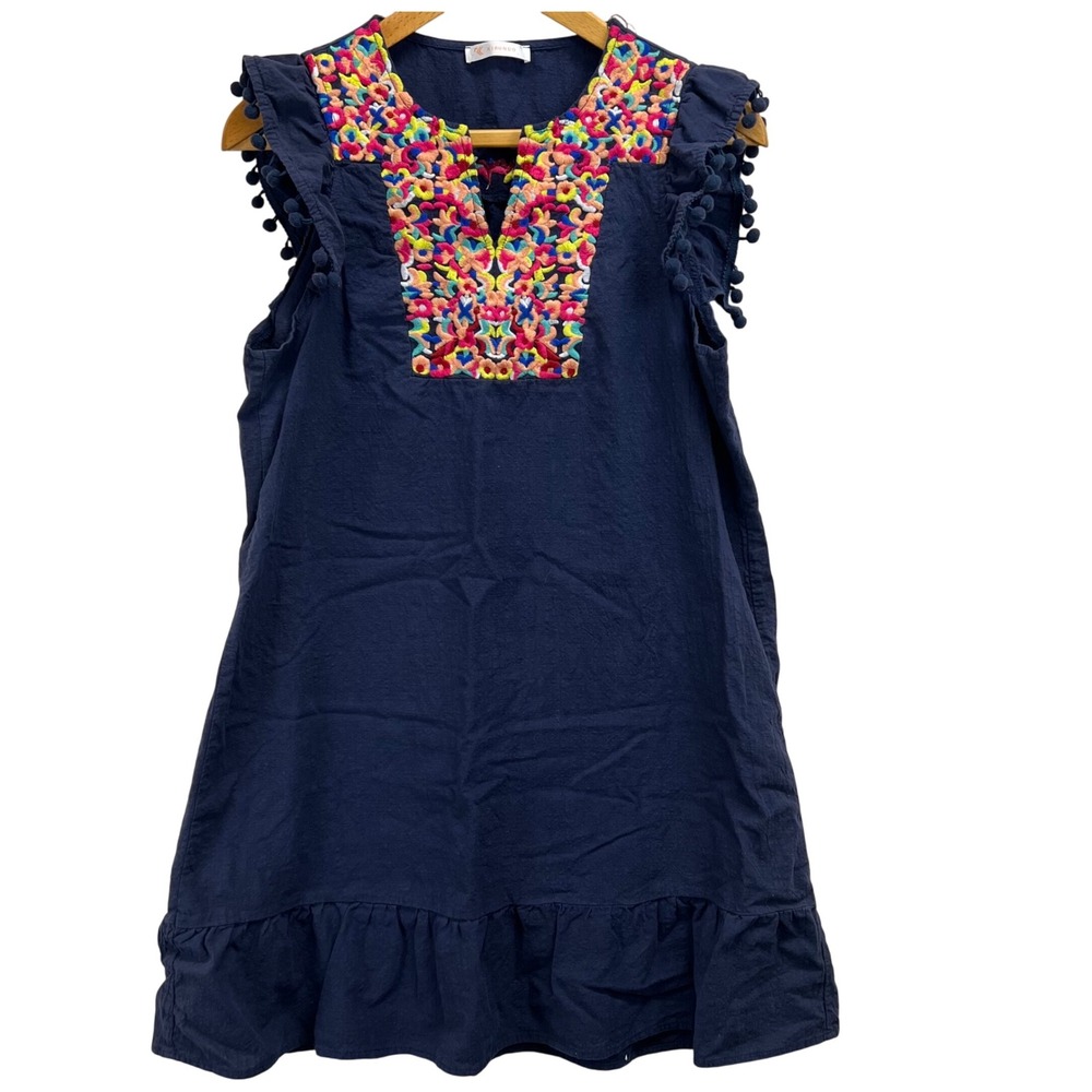 KIRUNDO Navy Blue Embroidered Ruffle Trim‎ V-Neck Dress Embroidered Size L